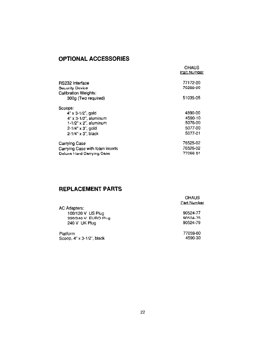 Optional accessories, Replacement parts | Ohaus CT Series ELECTRONIC BALANCE User Manual | Page 111 / 145