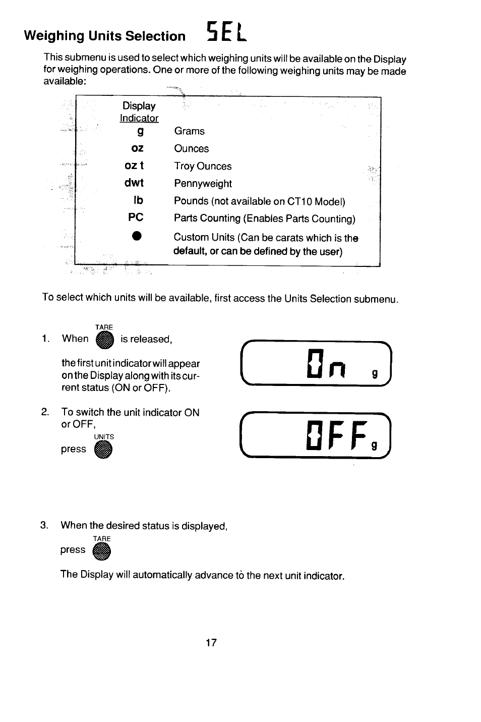 Weighing units selection | Ohaus CT Series ELECTRONIC BALANCE User Manual | Page 17 / 145