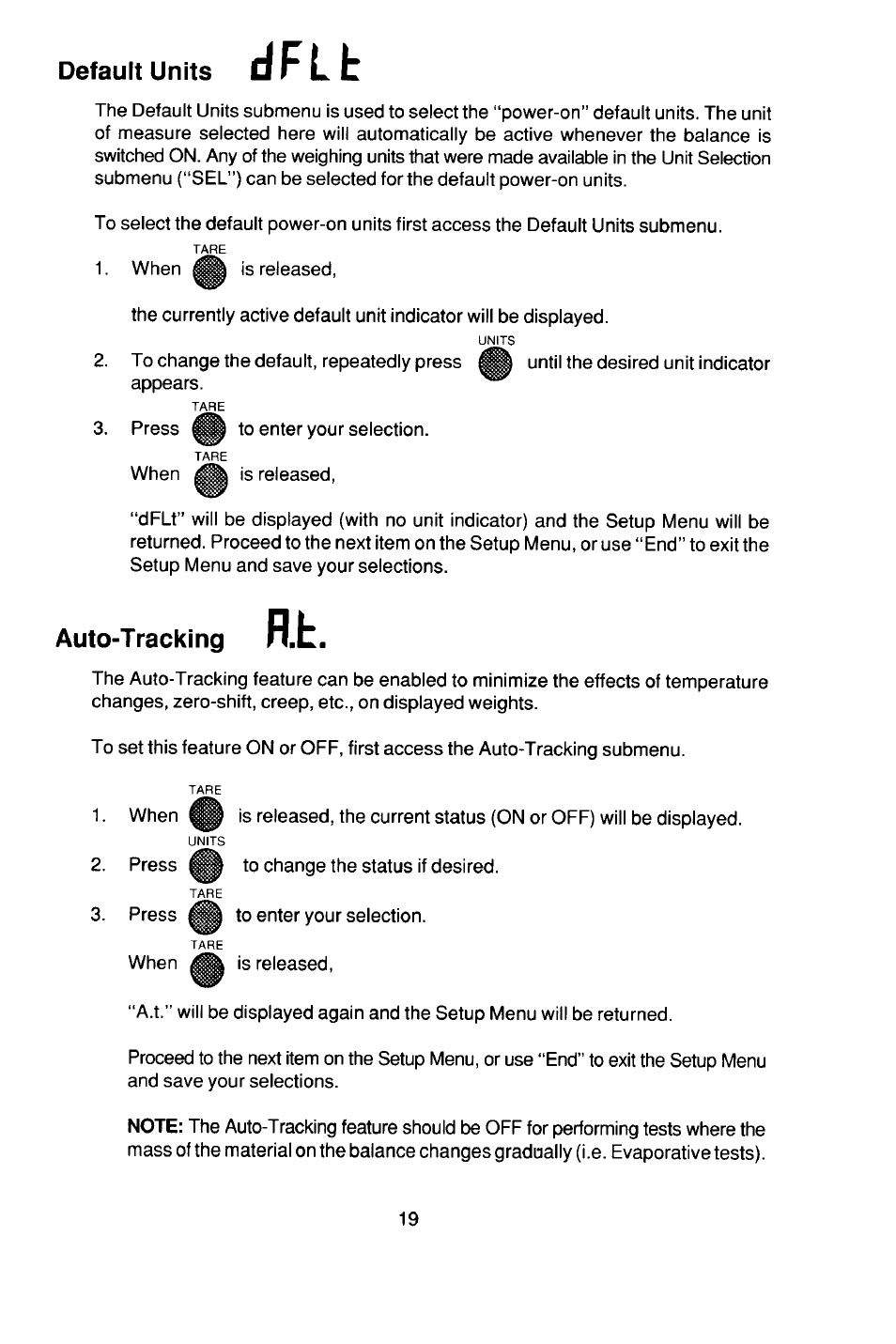 Default units, Auto-tracking | Ohaus CT Series ELECTRONIC BALANCE User Manual | Page 19 / 145