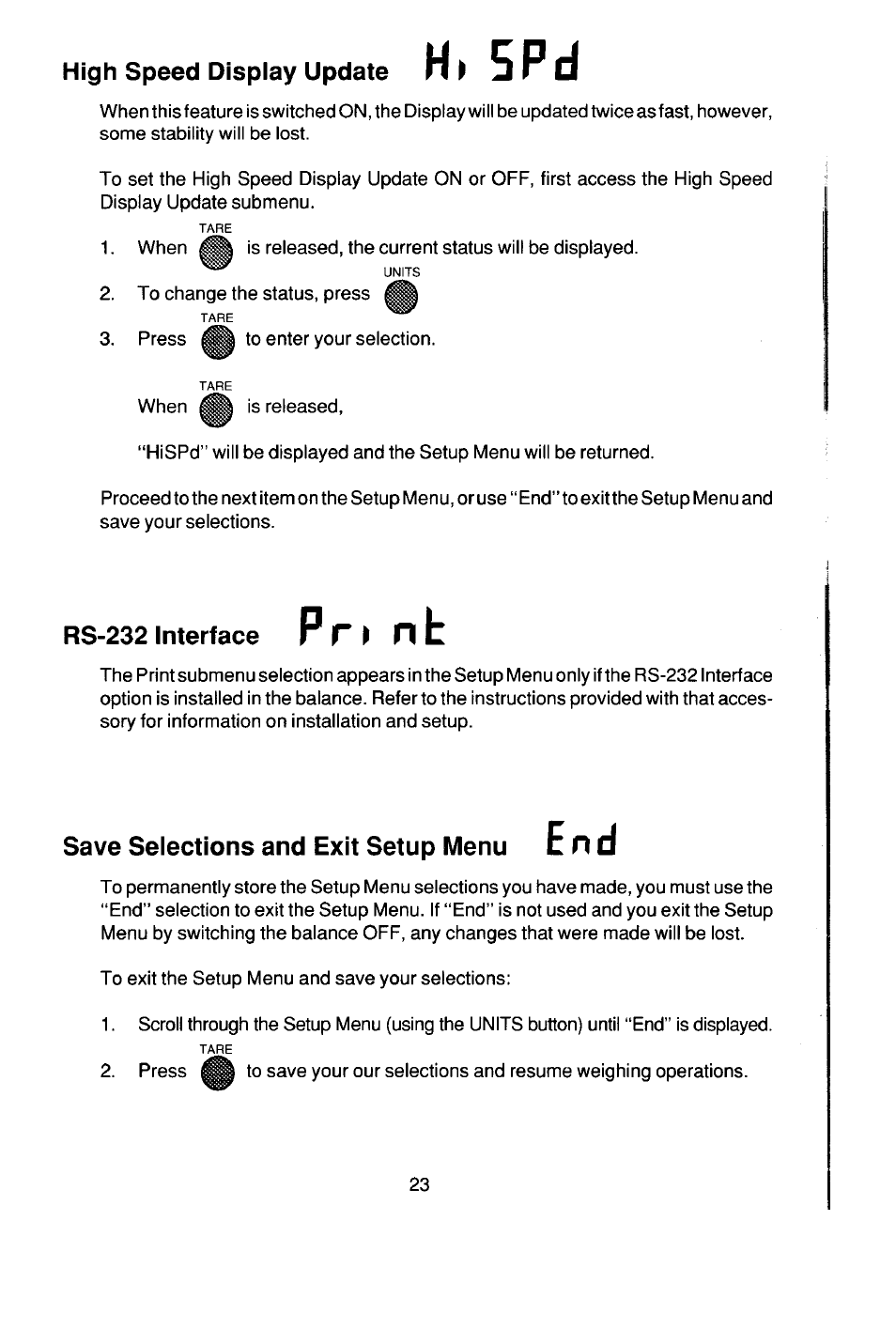 High speed display update, Rs232 interface, Saving setup selections and exiting setup menu | Ohaus CT Series ELECTRONIC BALANCE User Manual | Page 23 / 145