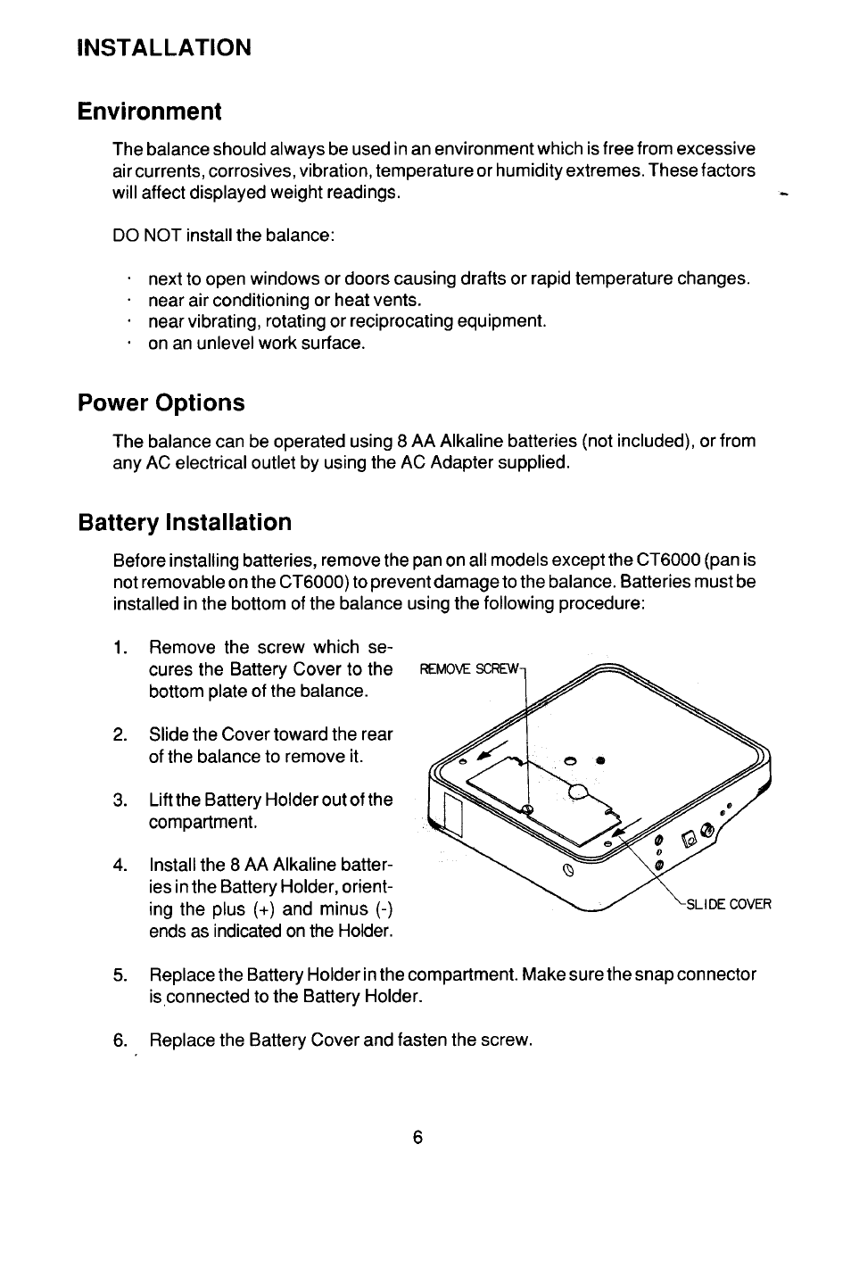 Installation, Environment, Power options | Battery installation | Ohaus CT Series ELECTRONIC BALANCE User Manual | Page 6 / 145