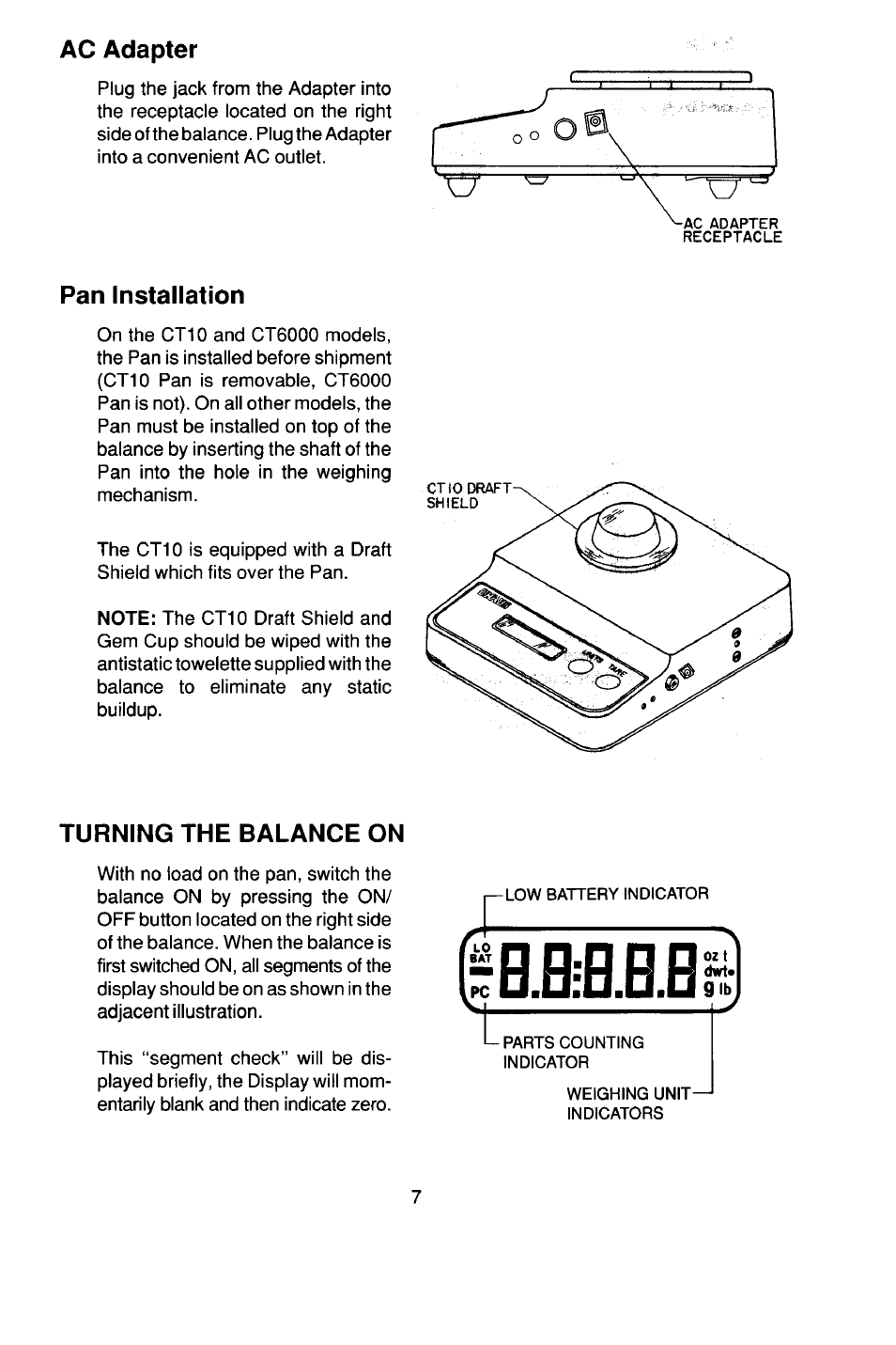 Ac adapter, Pan installation, Turning the balance on | Ohaus CT Series ELECTRONIC BALANCE User Manual | Page 7 / 145