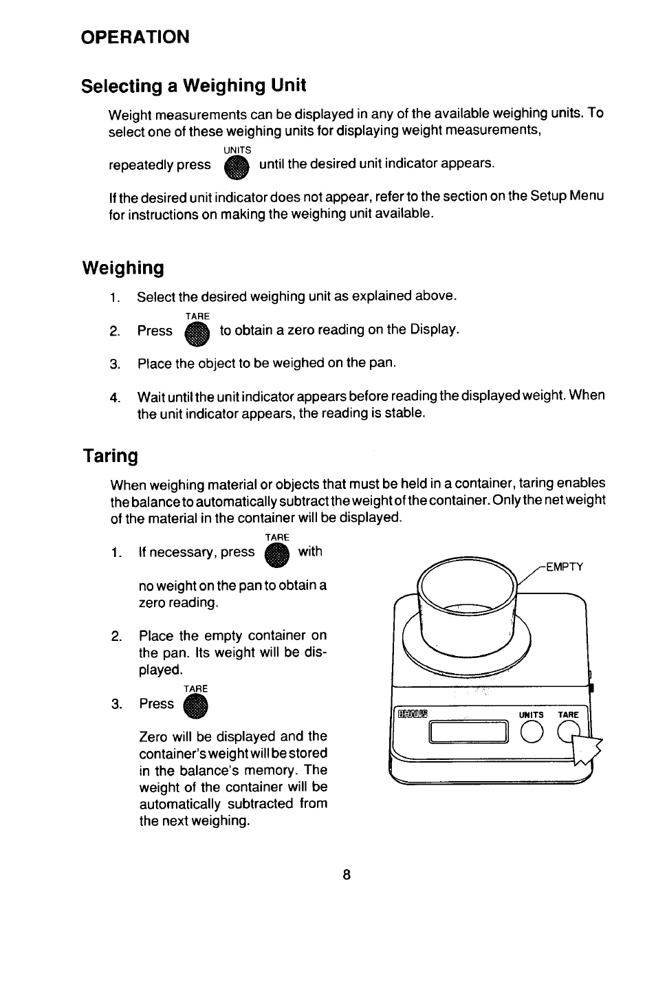 Operation, Selecting a weighing unit, Weighing | Taring | Ohaus CT Series ELECTRONIC BALANCE User Manual | Page 8 / 145