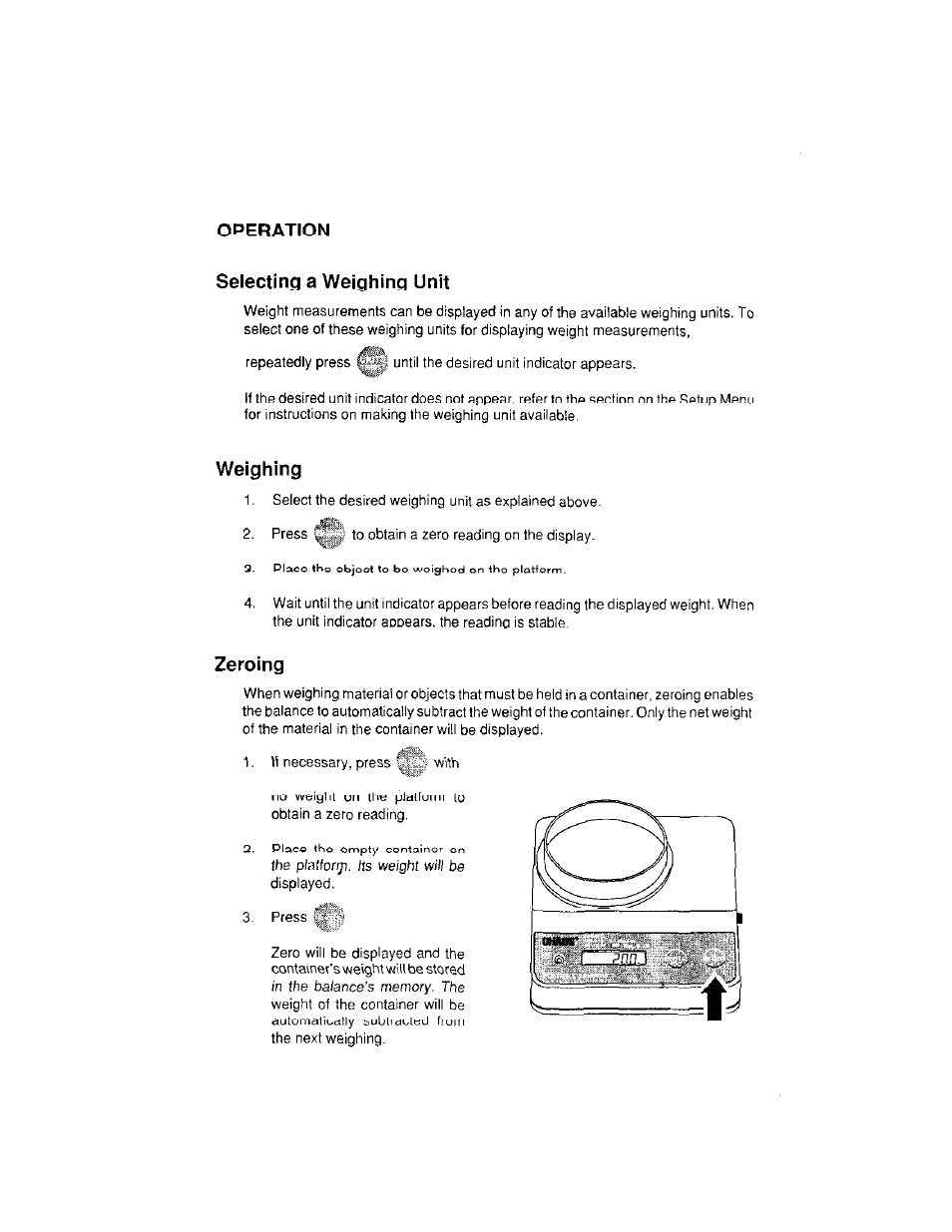 Operation, Selecting a weighing unit, Weighing | Zeroing | Ohaus CT Series ELECTRONIC BALANCE User Manual | Page 96 / 145