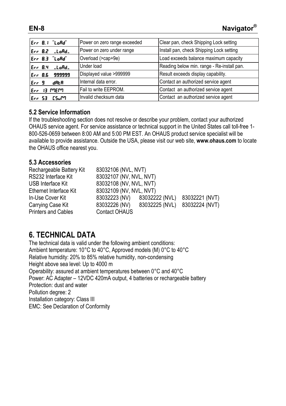 Technical data | Ohaus NAVIGATOR NVT User Manual | Page 10 / 64
