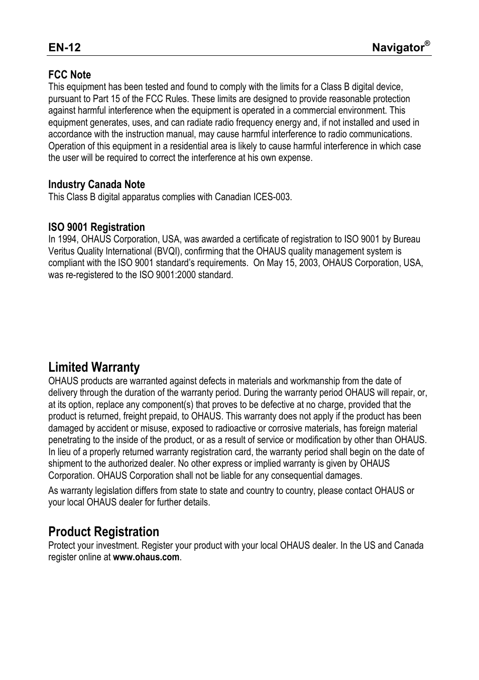 Limited warranty, Product registration | Ohaus NAVIGATOR NVT User Manual | Page 14 / 64