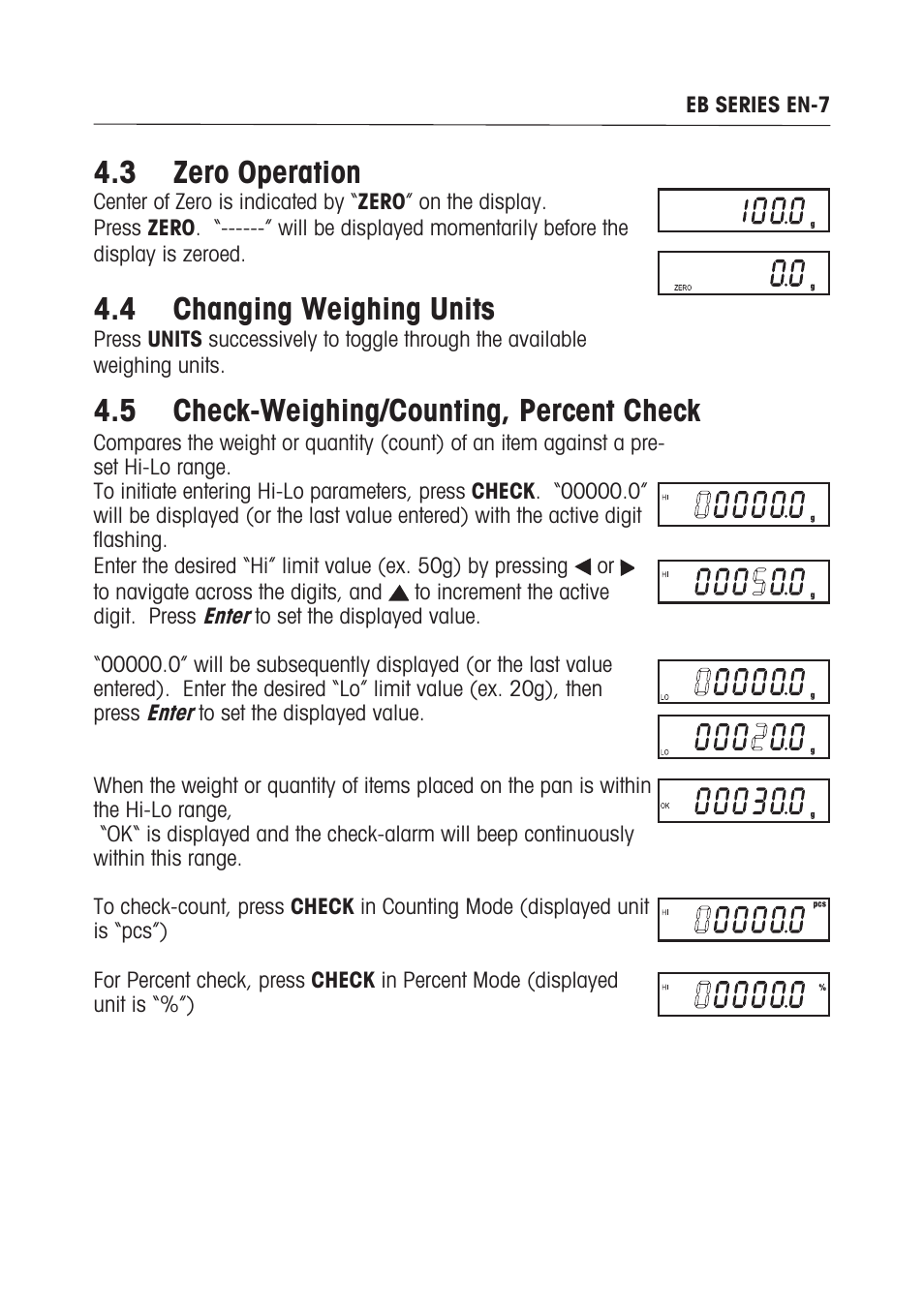 3 zero operation, 4 changing weighing units, 5 check-weighing/counting, percent check | Ohaus EB COMPACT SCALES Manual multi User Manual | Page 13 / 80