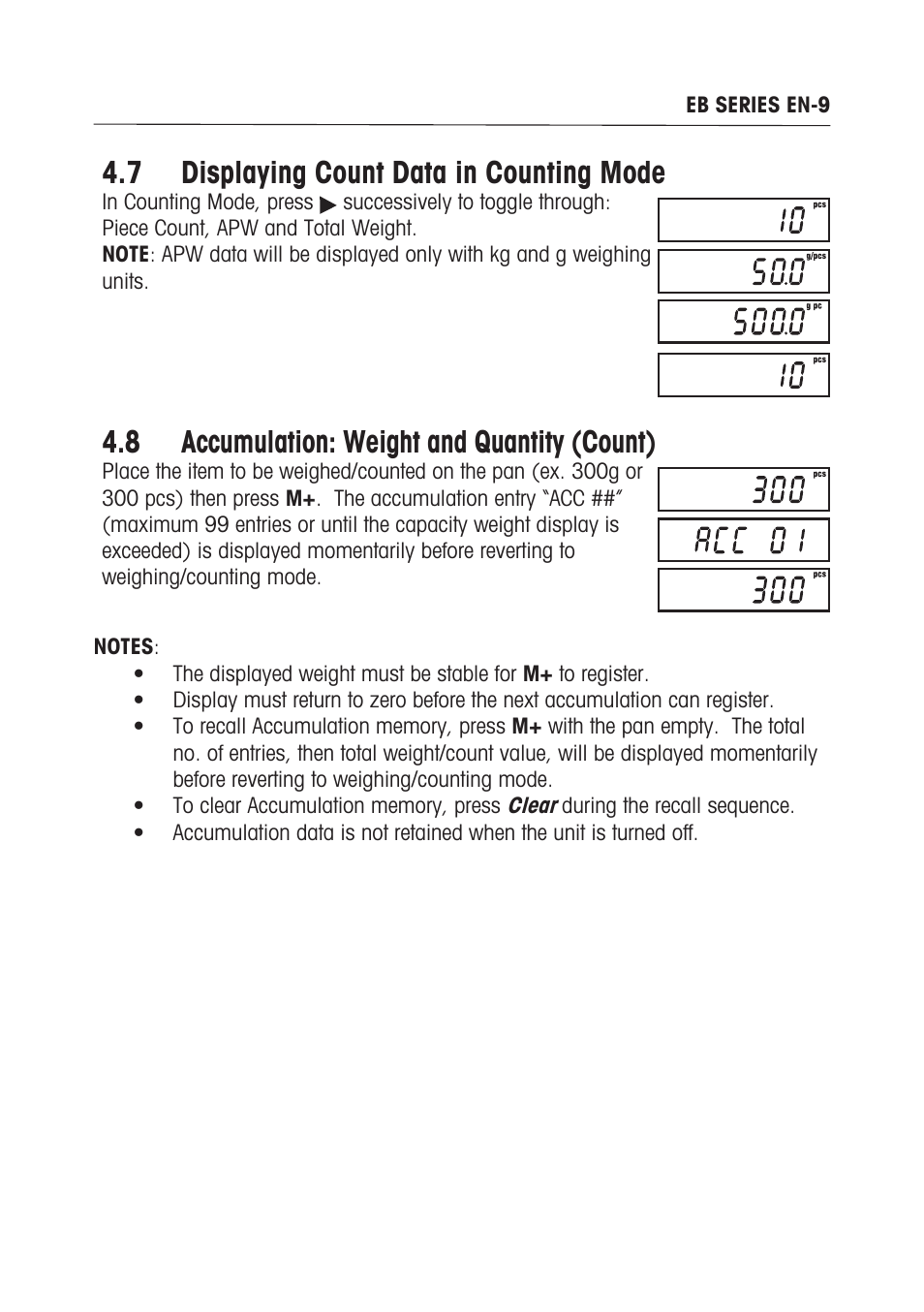 7 displaying count data in counting mode, 8 accumulation: weight and quantity (count) | Ohaus EB COMPACT SCALES Manual multi User Manual | Page 15 / 80