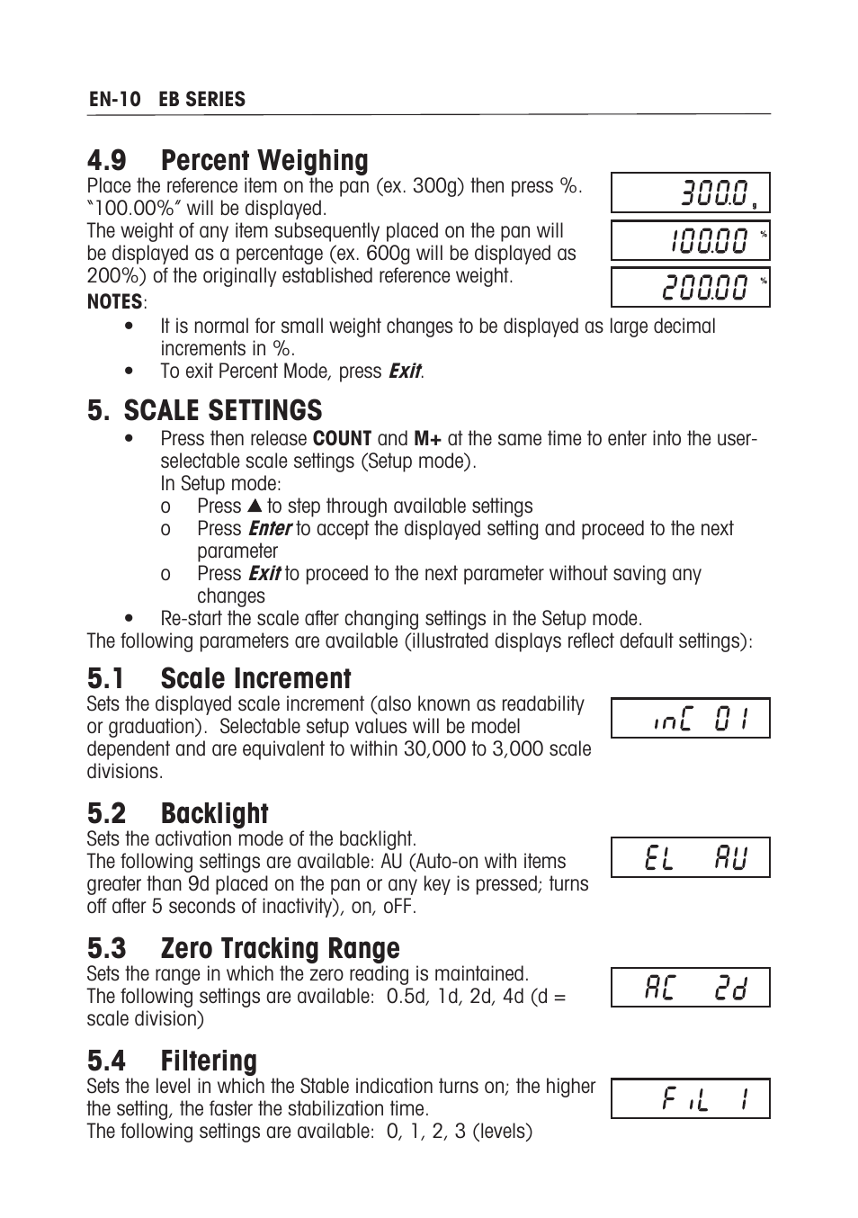 9 percent weighing, Scale settings, 1 scale increment | 2 backlight, 3 zero tracking range, 4 filtering | Ohaus EB COMPACT SCALES Manual multi User Manual | Page 16 / 80
