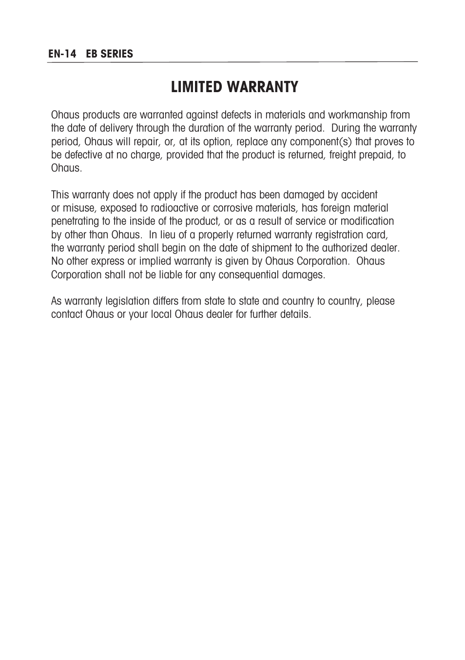 Limited warranty | Ohaus EB COMPACT SCALES Manual multi User Manual | Page 20 / 80