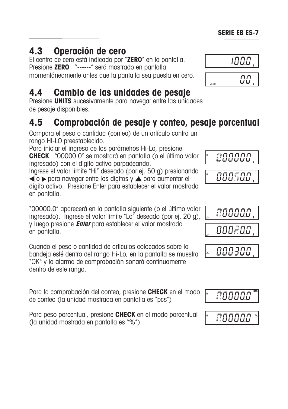 3 operación de cero, 4 cambio de las unidades de pesaje | Ohaus EB COMPACT SCALES Manual multi User Manual | Page 27 / 80