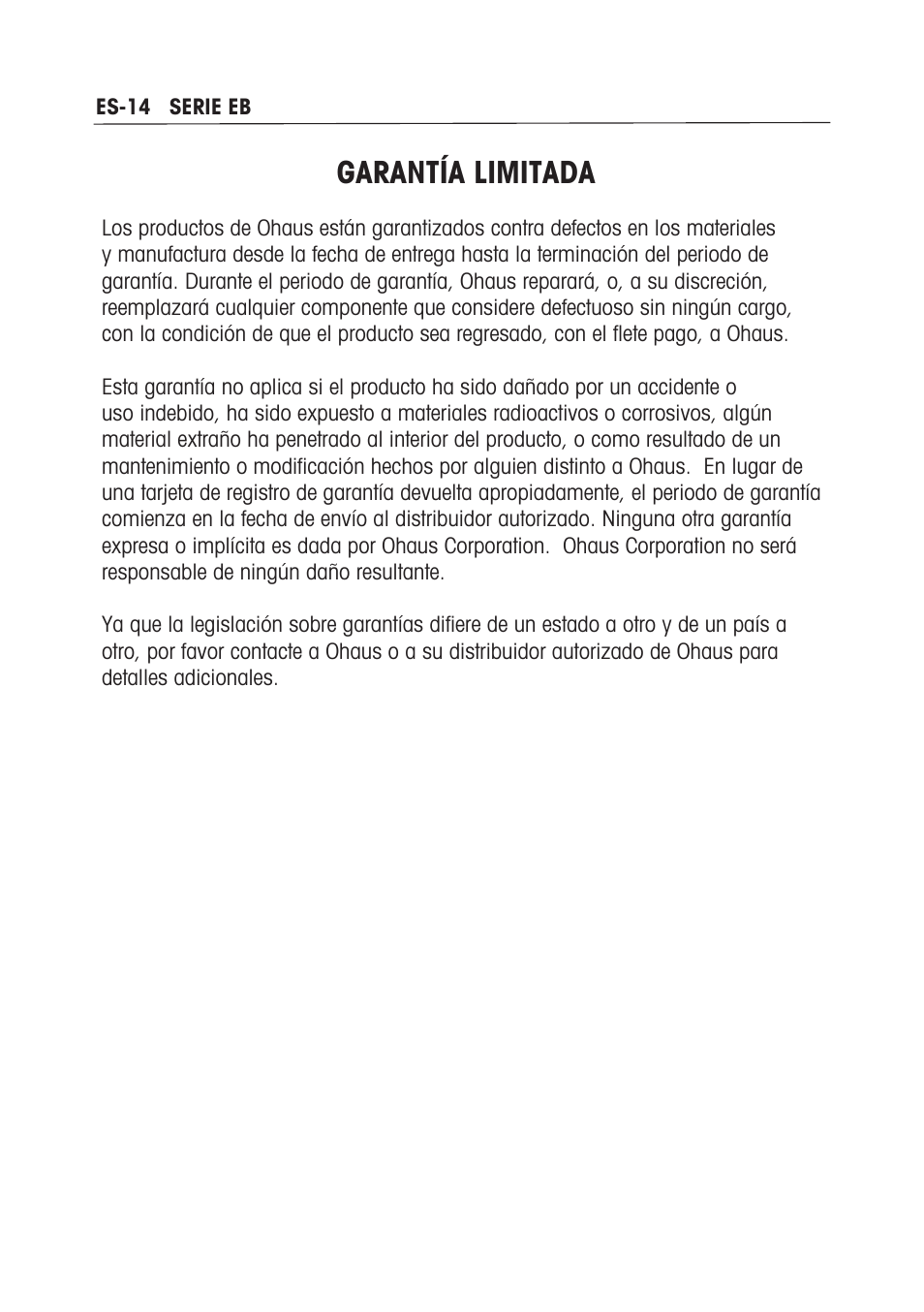 Garantía limitada | Ohaus EB COMPACT SCALES Manual multi User Manual | Page 34 / 80