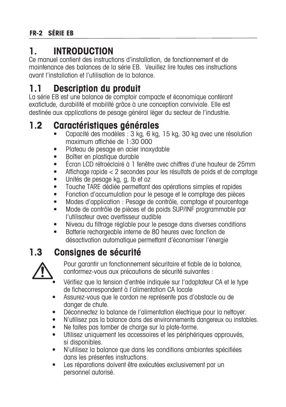 Introduction, 1 description du produit, 2 caractéristiques générales | 3 consignes de sécurité | Ohaus EB COMPACT SCALES Manual multi User Manual | Page 36 / 80