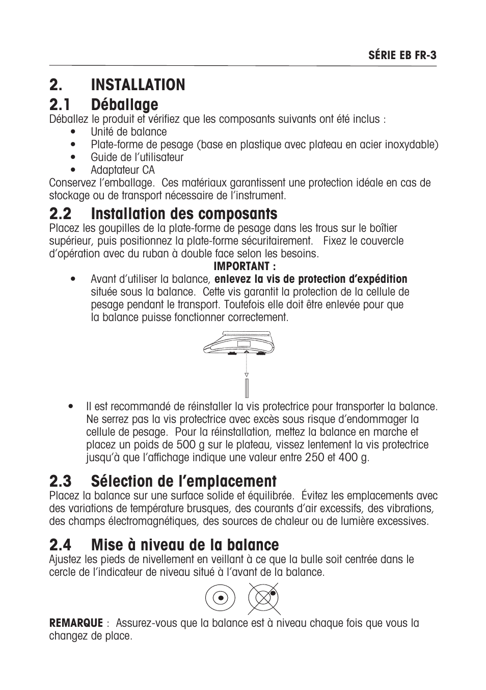 Installation 2.1 déballage, 2 installation des composants, 3 sélection de l’emplacement | 4 mise à niveau de la balance | Ohaus EB COMPACT SCALES Manual multi User Manual | Page 37 / 80