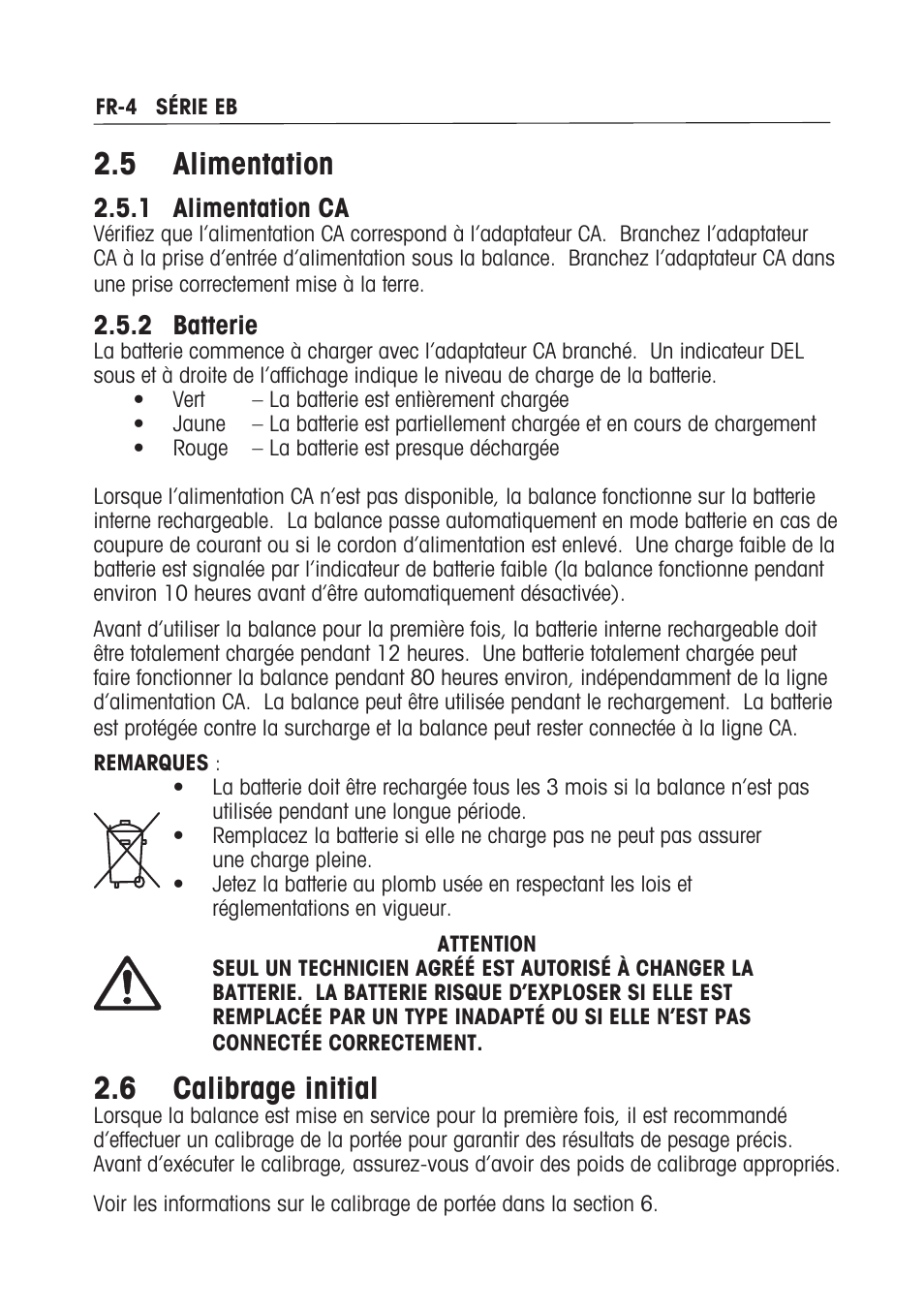 5 alimentation, 6 calibrage initial, 1 alimentation ca | 2 batterie | Ohaus EB COMPACT SCALES Manual multi User Manual | Page 38 / 80