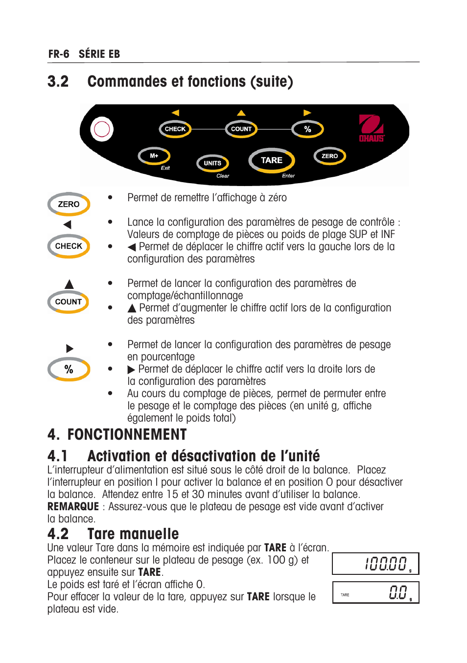 2 commandes et fonctions (suite), 2 tare manuelle | Ohaus EB COMPACT SCALES Manual multi User Manual | Page 40 / 80