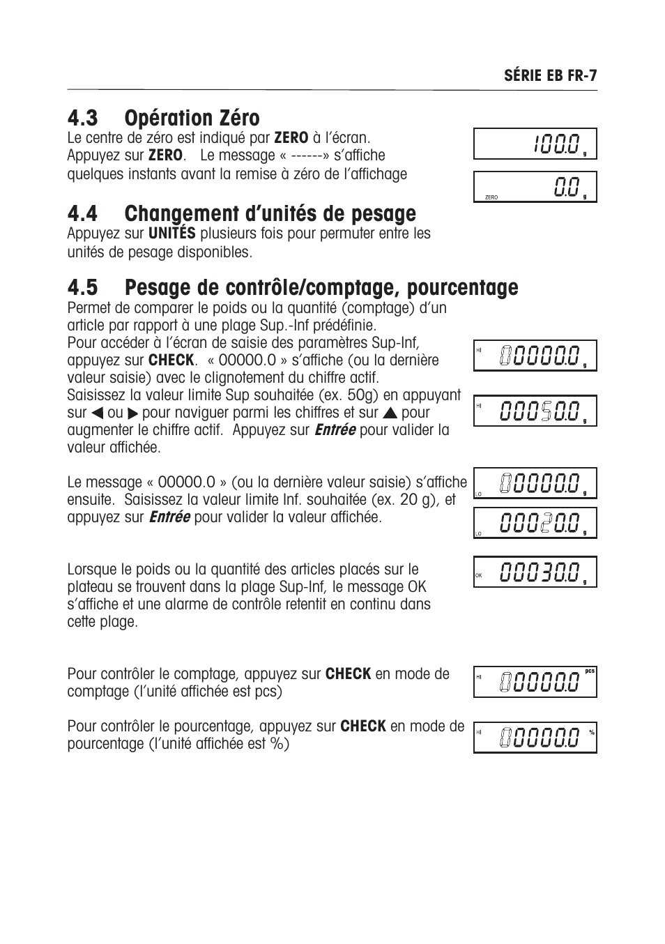 3 opération zéro, 4 changement d’unités de pesage, 5 pesage de contrôle/comptage, pourcentage | Ohaus EB COMPACT SCALES Manual multi User Manual | Page 41 / 80