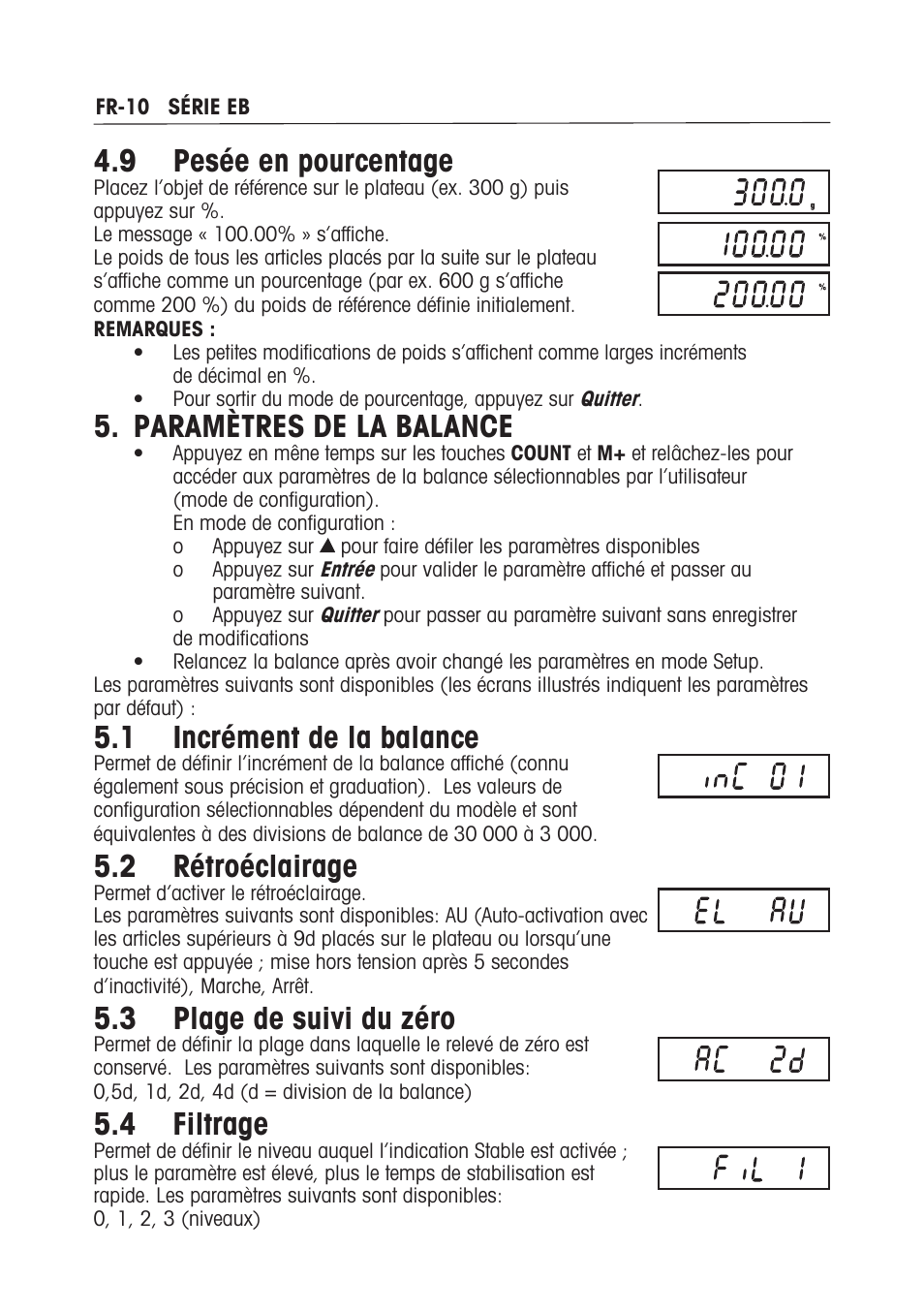 9 pesée en pourcentage, Paramètres de la balance, 1 incrément de la balance | 2 rétroéclairage, 3 plage de suivi du zéro, 4 filtrage | Ohaus EB COMPACT SCALES Manual multi User Manual | Page 44 / 80