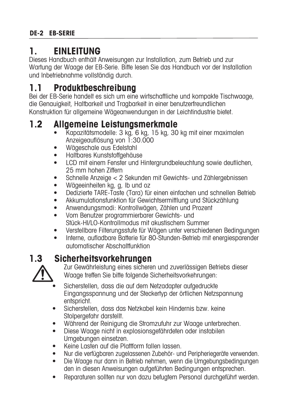 Einleitung, 1 produktbeschreibung, 2 allgemeine leistungsmerkmale | 3 sicherheitsvorkehrungen | Ohaus EB COMPACT SCALES Manual multi User Manual | Page 50 / 80