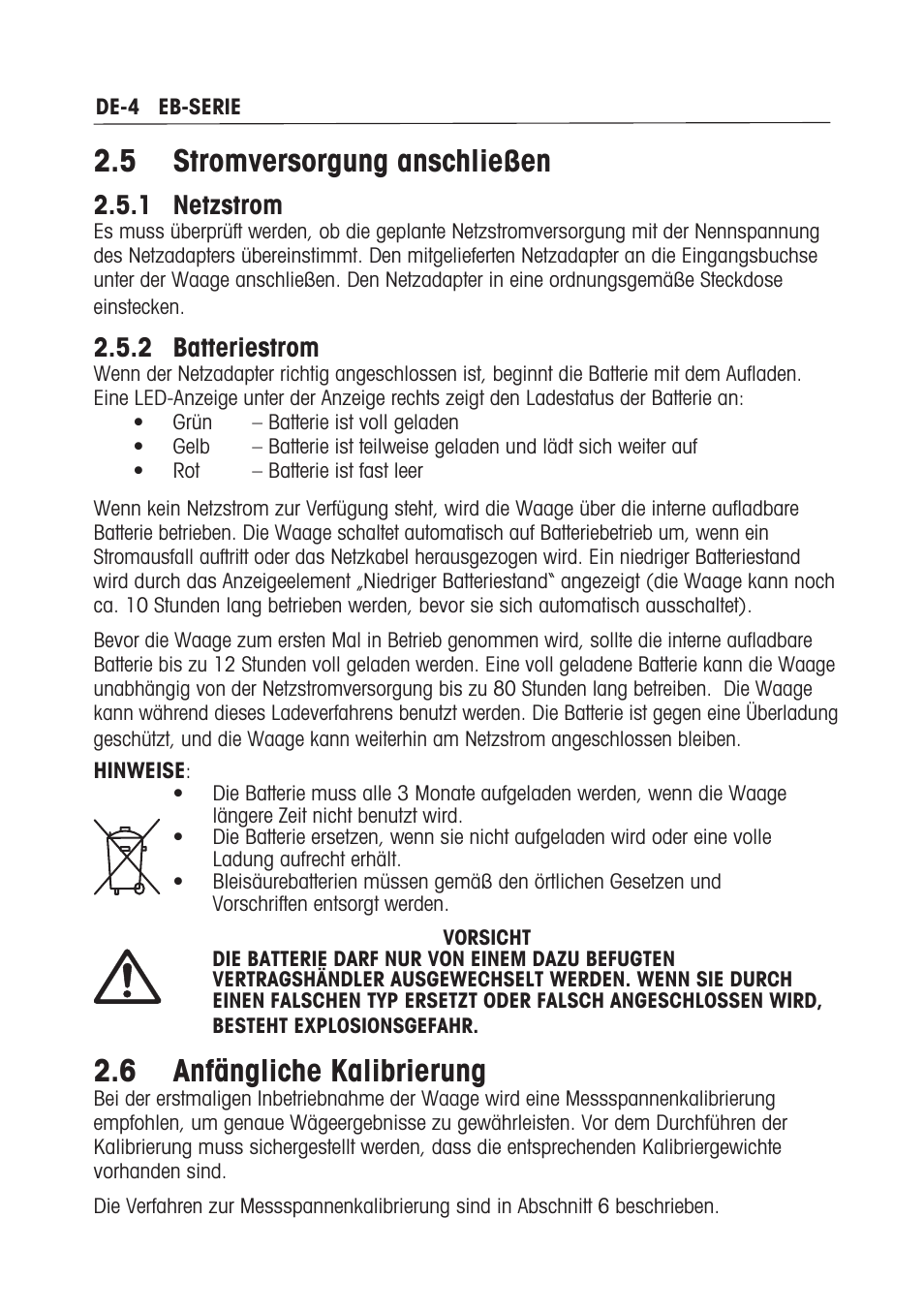 5 stromversorgung anschließen, 6 anfängliche kalibrierung, 1 netzstrom | 2 batteriestrom | Ohaus EB COMPACT SCALES Manual multi User Manual | Page 52 / 80