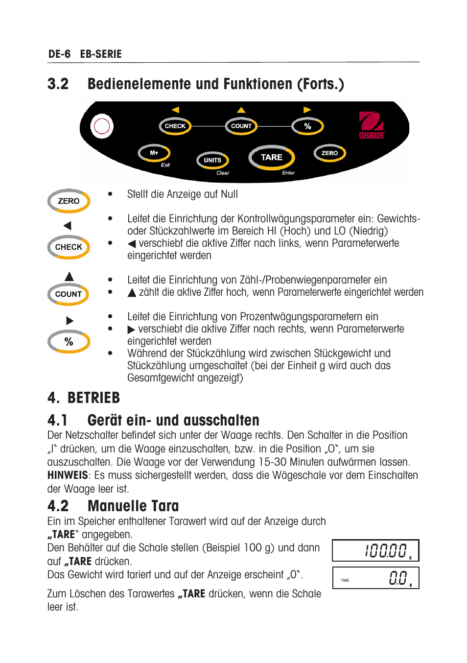 2 bedienelemente und funktionen (forts.), Betrieb 4.1 gerät ein- und ausschalten, 2 manuelle tara | Ohaus EB COMPACT SCALES Manual multi User Manual | Page 54 / 80