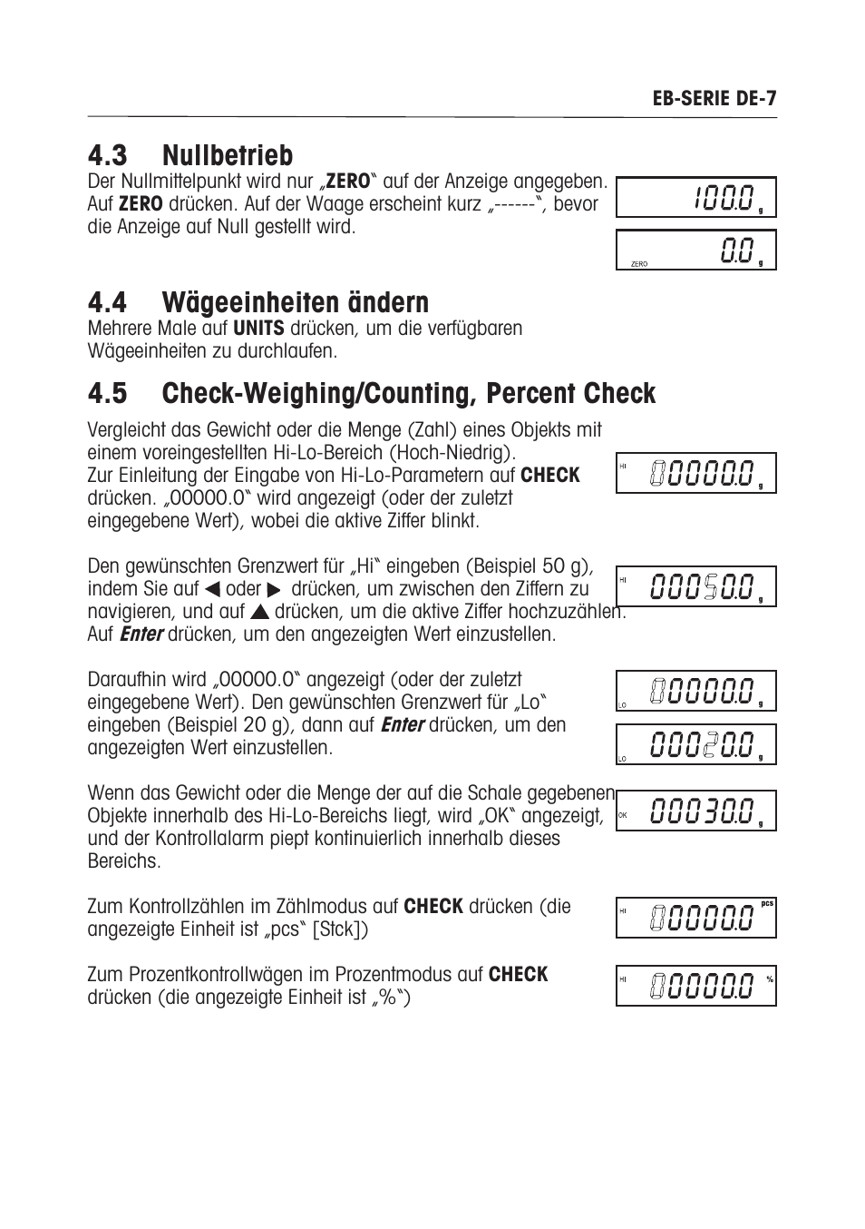 3 nullbetrieb, 4 wägeeinheiten ändern, 5 check-weighing/counting, percent check | Ohaus EB COMPACT SCALES Manual multi User Manual | Page 55 / 80