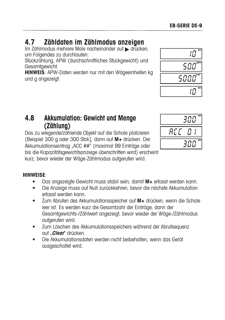 7 zähldaten im zählmodus anzeigen, 8 akkumulation: gewicht und menge (zählung) | Ohaus EB COMPACT SCALES Manual multi User Manual | Page 57 / 80
