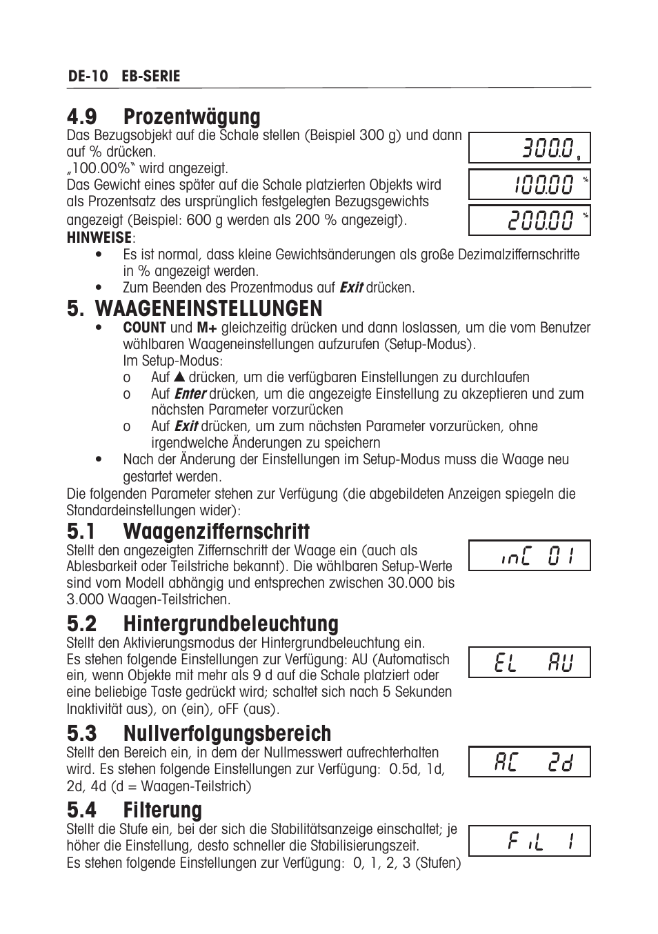 9 prozentwägung, Waageneinstellungen, 1 waagenziffernschritt | 2 hintergrundbeleuchtung, 3 nullverfolgungsbereich, 4 filterung | Ohaus EB COMPACT SCALES Manual multi User Manual | Page 58 / 80