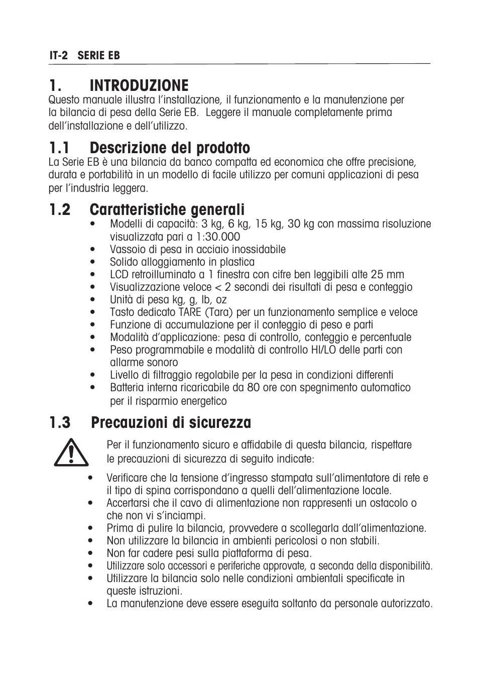 Introduzione, 1 descrizione del prodotto, 2 caratteristiche generali | 3 precauzioni di sicurezza | Ohaus EB COMPACT SCALES Manual multi User Manual | Page 64 / 80