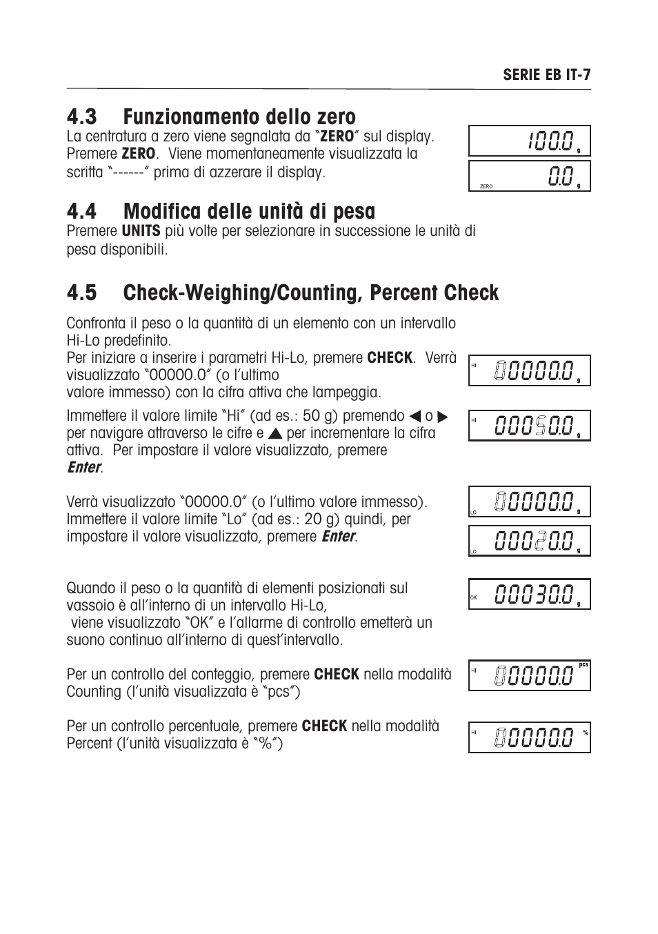 3 funzionamento dello zero, 4 modifica delle unità di pesa, 5 check-weighing/counting, percent check | Ohaus EB COMPACT SCALES Manual multi User Manual | Page 69 / 80