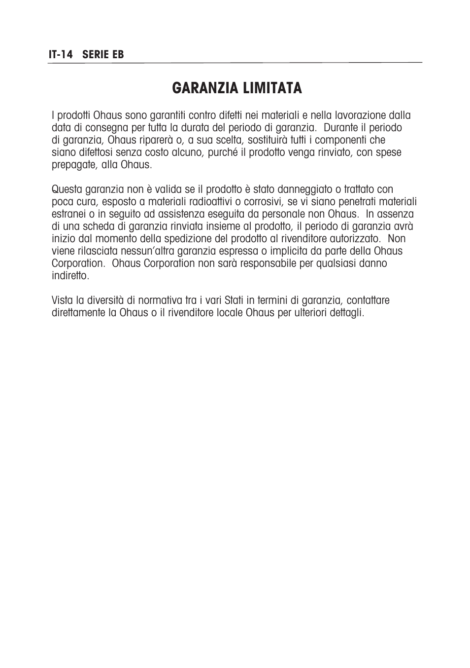 Garanzia limitata | Ohaus EB COMPACT SCALES Manual multi User Manual | Page 76 / 80