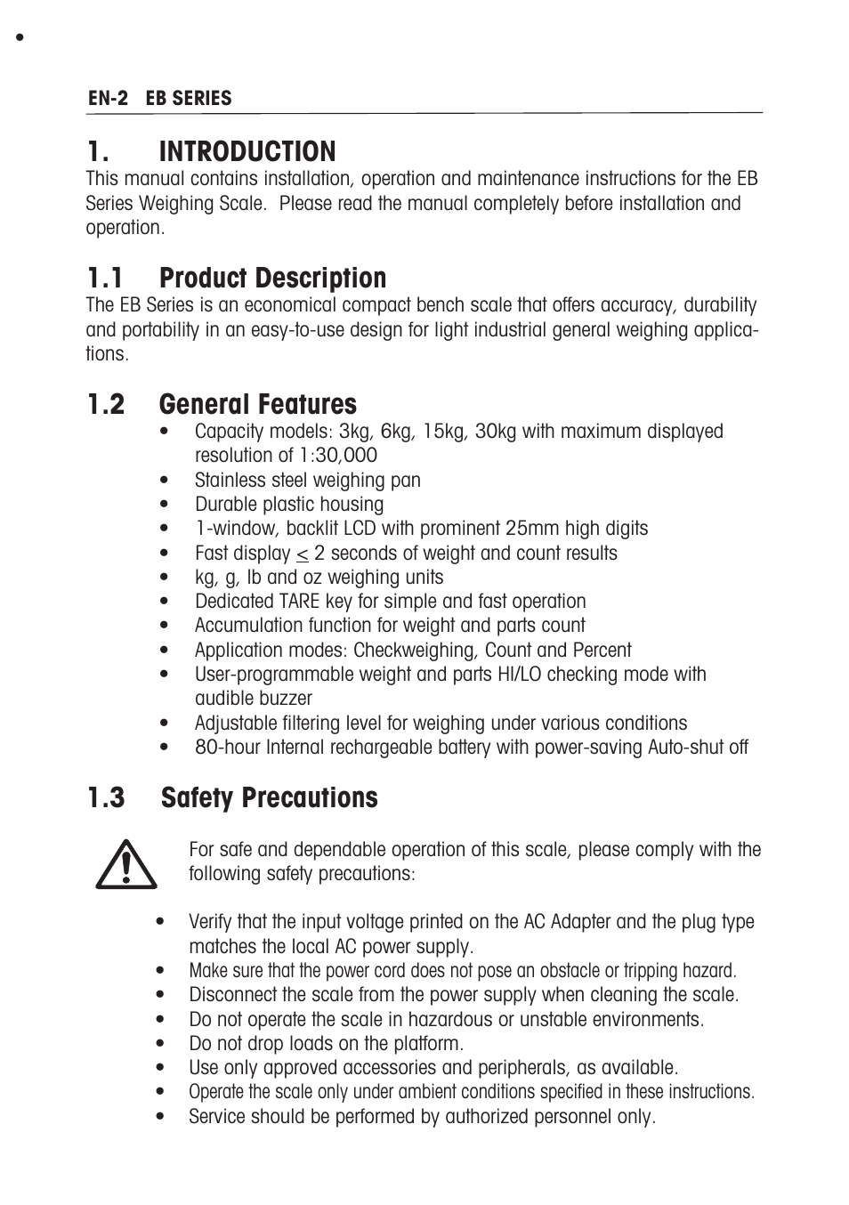 Introduction, 1 product description, 2 general features | 3 safety precautions | Ohaus EB COMPACT SCALES Manual multi User Manual | Page 8 / 80
