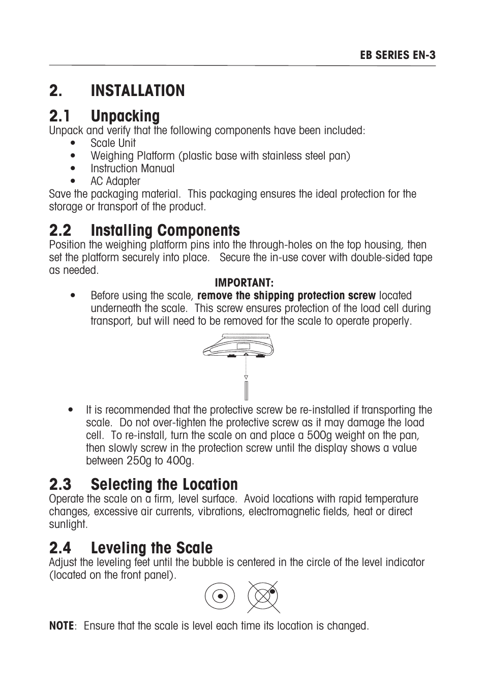 Installation 2.1 unpacking, 2 installing components, 3 selecting the location | 4 leveling the scale | Ohaus EB COMPACT SCALES Manual multi User Manual | Page 9 / 80