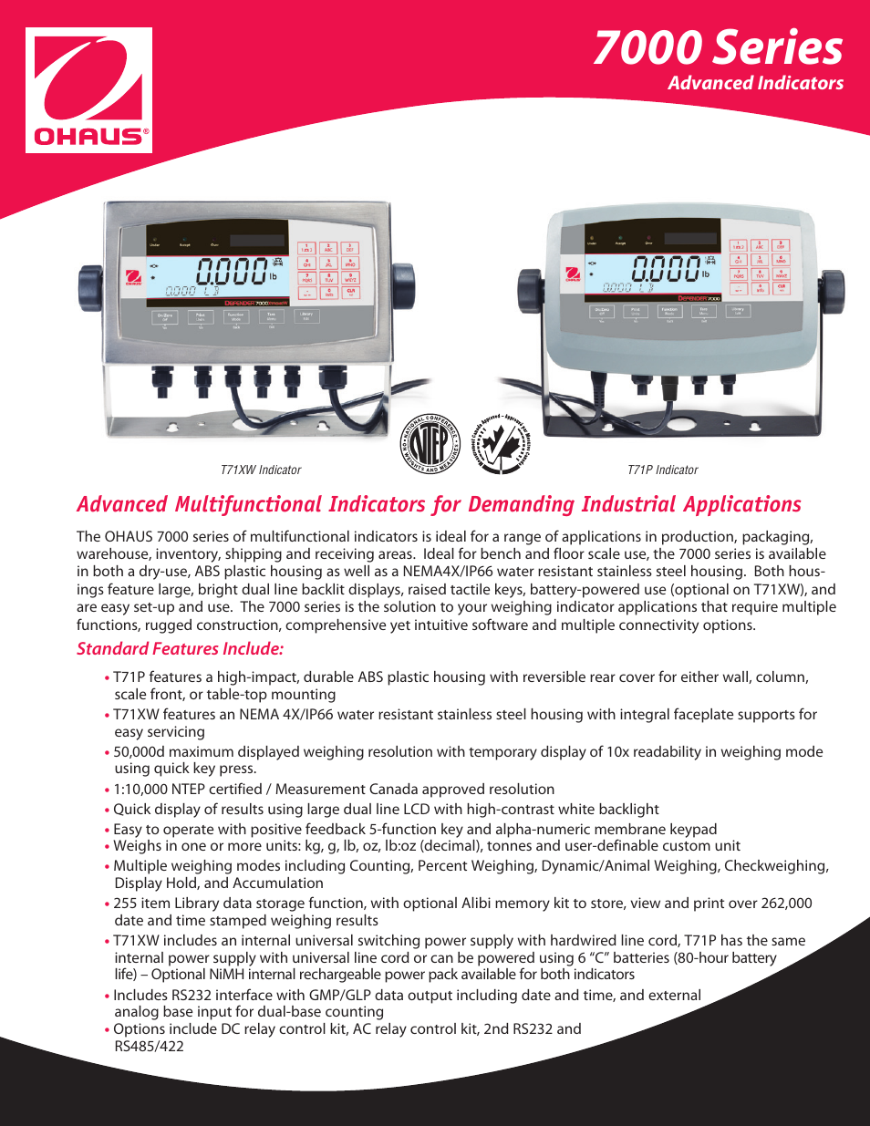 Ohaus DEFENDER 7000 WEIGHING INDICATOR Data Sheet User Manual | 4 pages