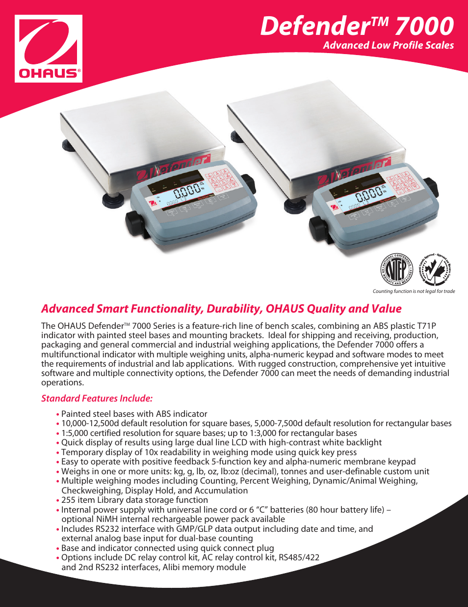 Ohaus DEFENDER 7000 Low Profile Scales Data Sheet User Manual | 4 pages