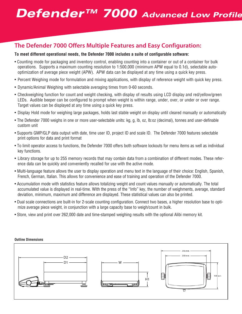 Defender, Advanced low profile scales | Ohaus DEFENDER 7000 Low Profile Scales Data Sheet User Manual | Page 2 / 4