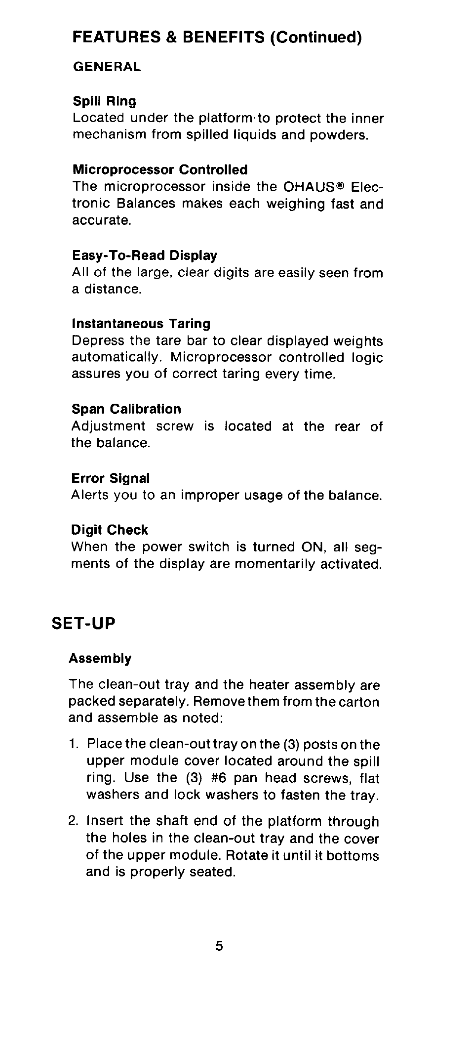 Set up, Assembly | Ohaus MB300 Electronic Balances User Manual | Page 5 / 29