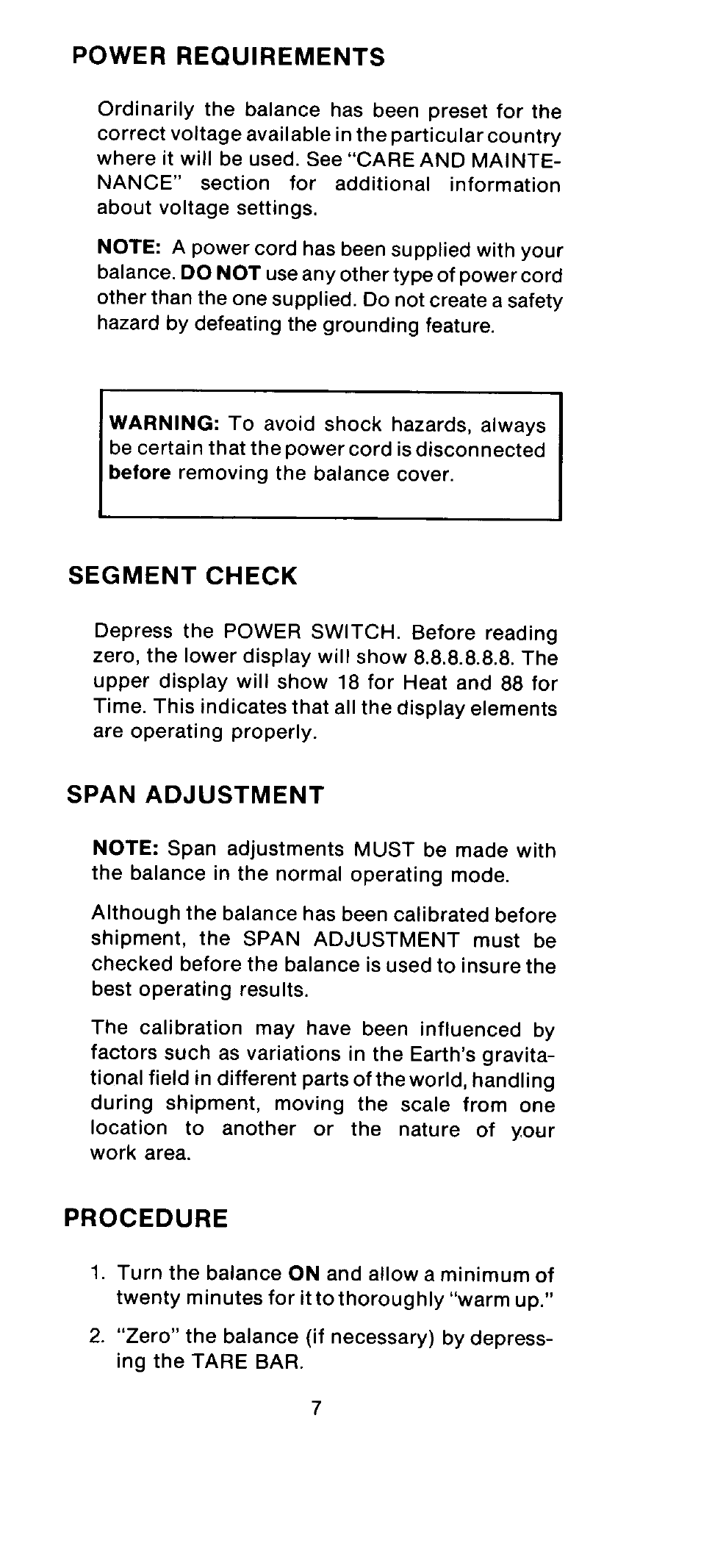 Power, Requirements, Segment | Check, Span, Adjustment, Procedure | Ohaus MB300 Electronic Balances User Manual | Page 7 / 29