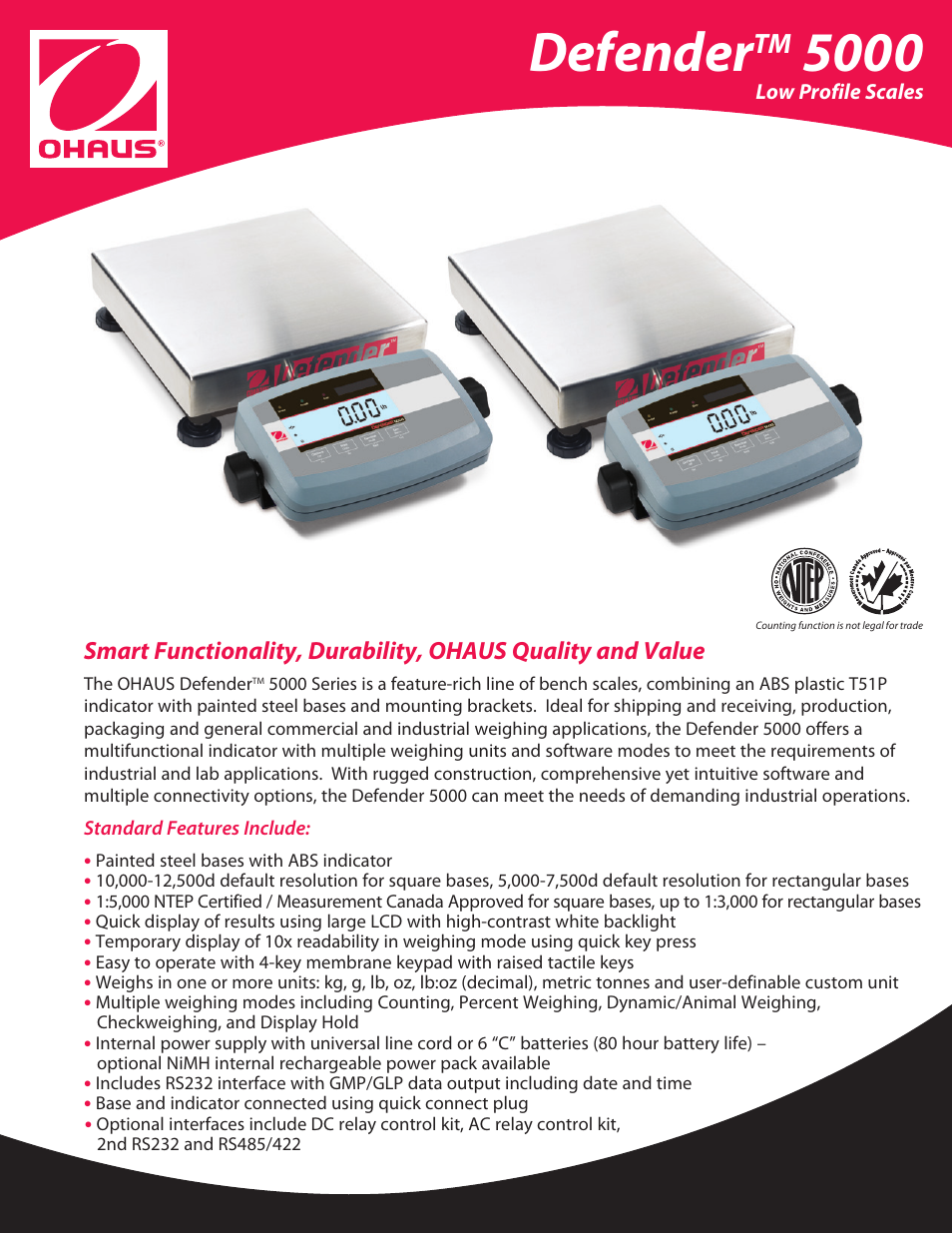 Ohaus DEFENDER 5000 Low Profile Scales Data Sheet User Manual | 4 pages