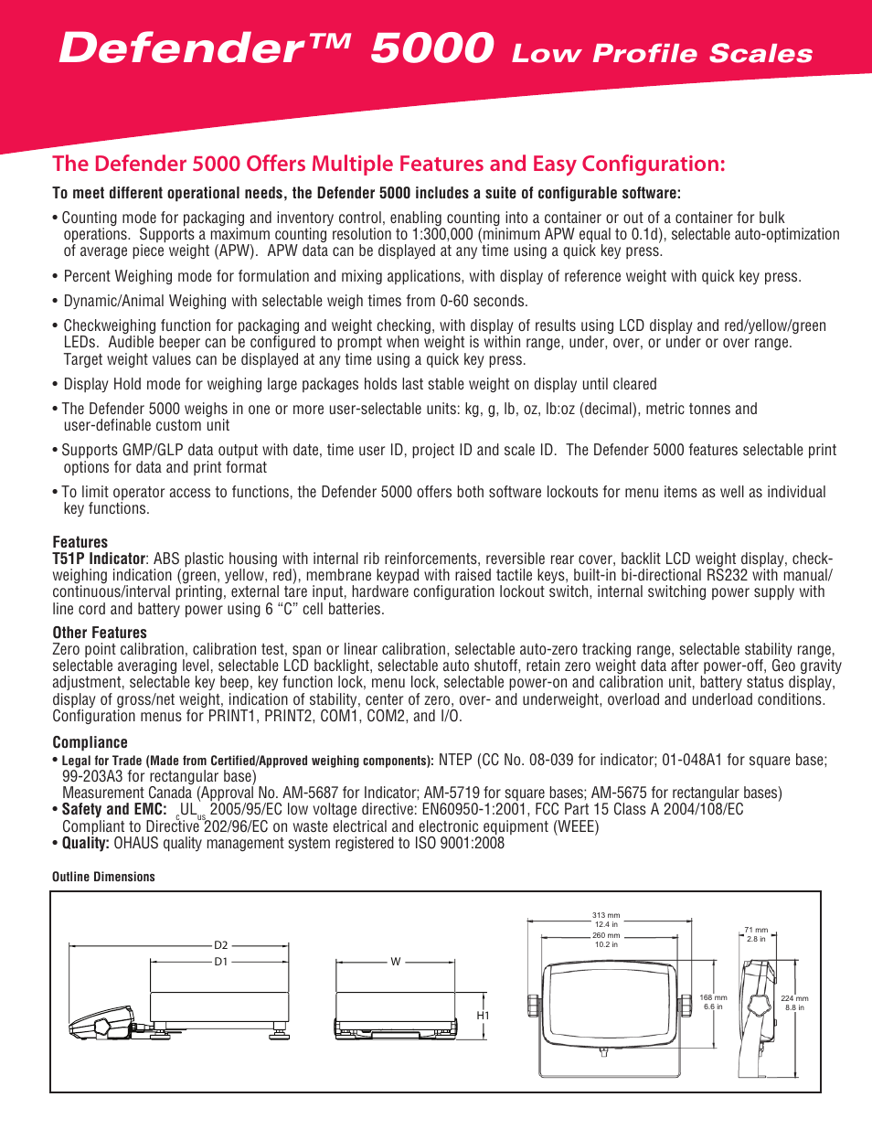 Defender, Low profile scales | Ohaus DEFENDER 5000 Low Profile Scales Data Sheet User Manual | Page 2 / 4