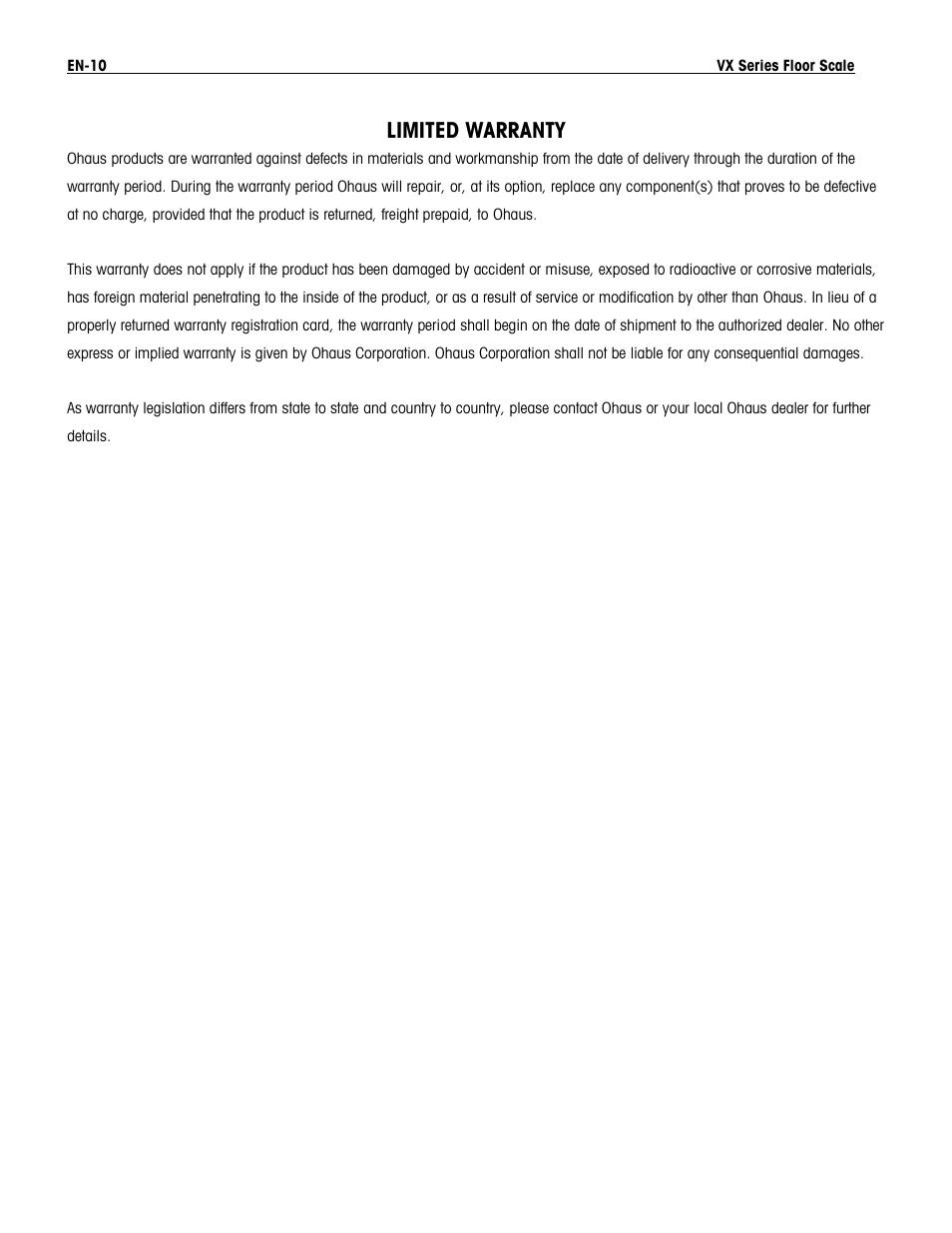 Limited warranty | Ohaus VX SERIES FLOOR SCALES Manual User Manual | Page 14 / 17