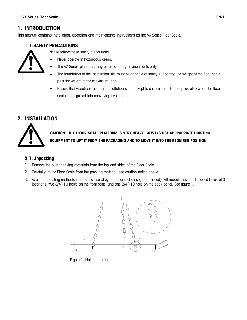 Introduction, Safety precautions, Installation | Unpacking | Ohaus VX SERIES FLOOR SCALES Manual User Manual | Page 5 / 17