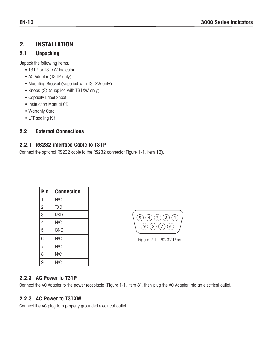 Installation | Ohaus T31XW Indicator Manual en User Manual | Page 12 / 46