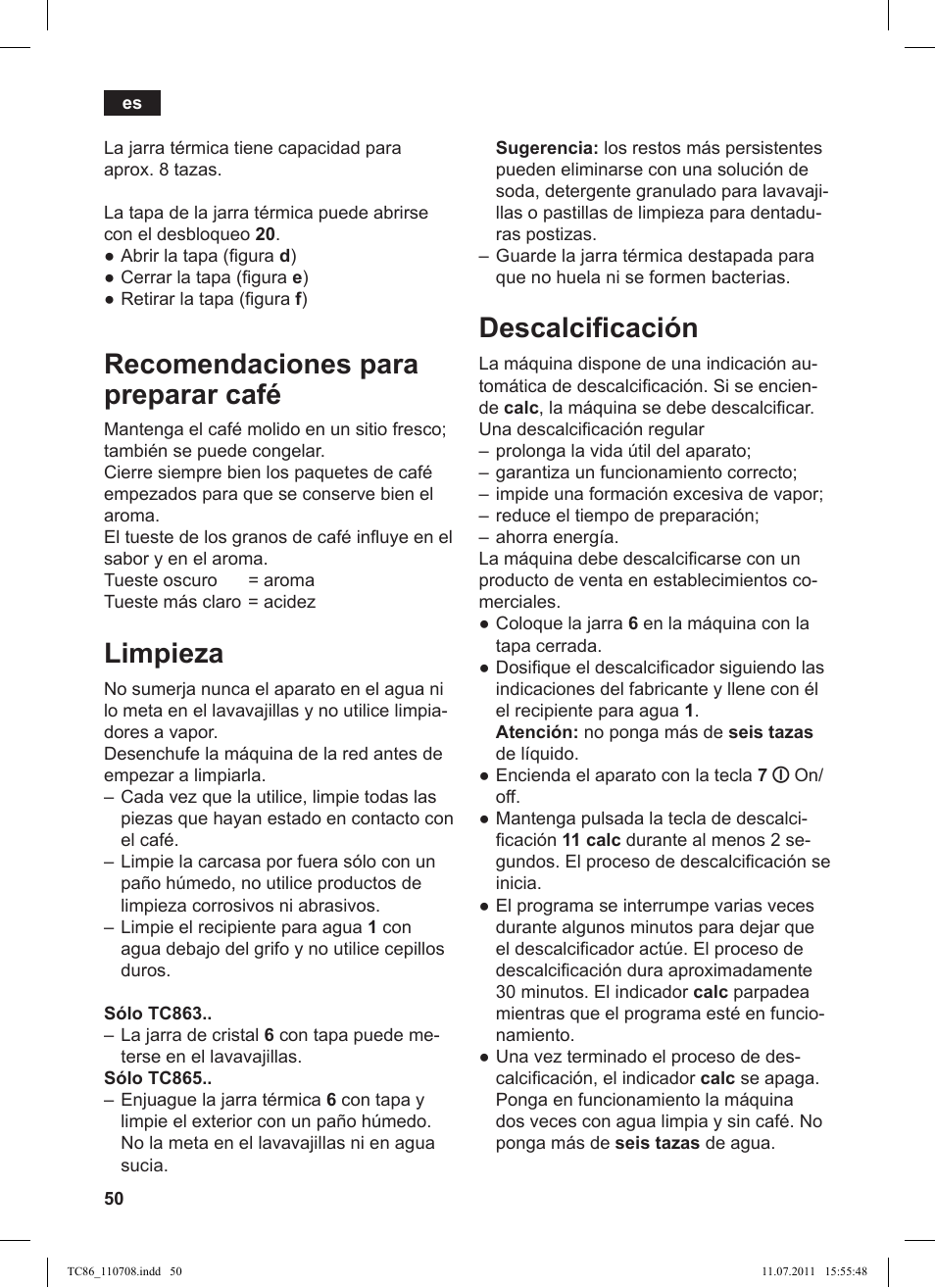 Recomendaciones para preparar café, Limpieza, Descalciicación | Siemens TC 86398 User Manual | Page 54 / 108