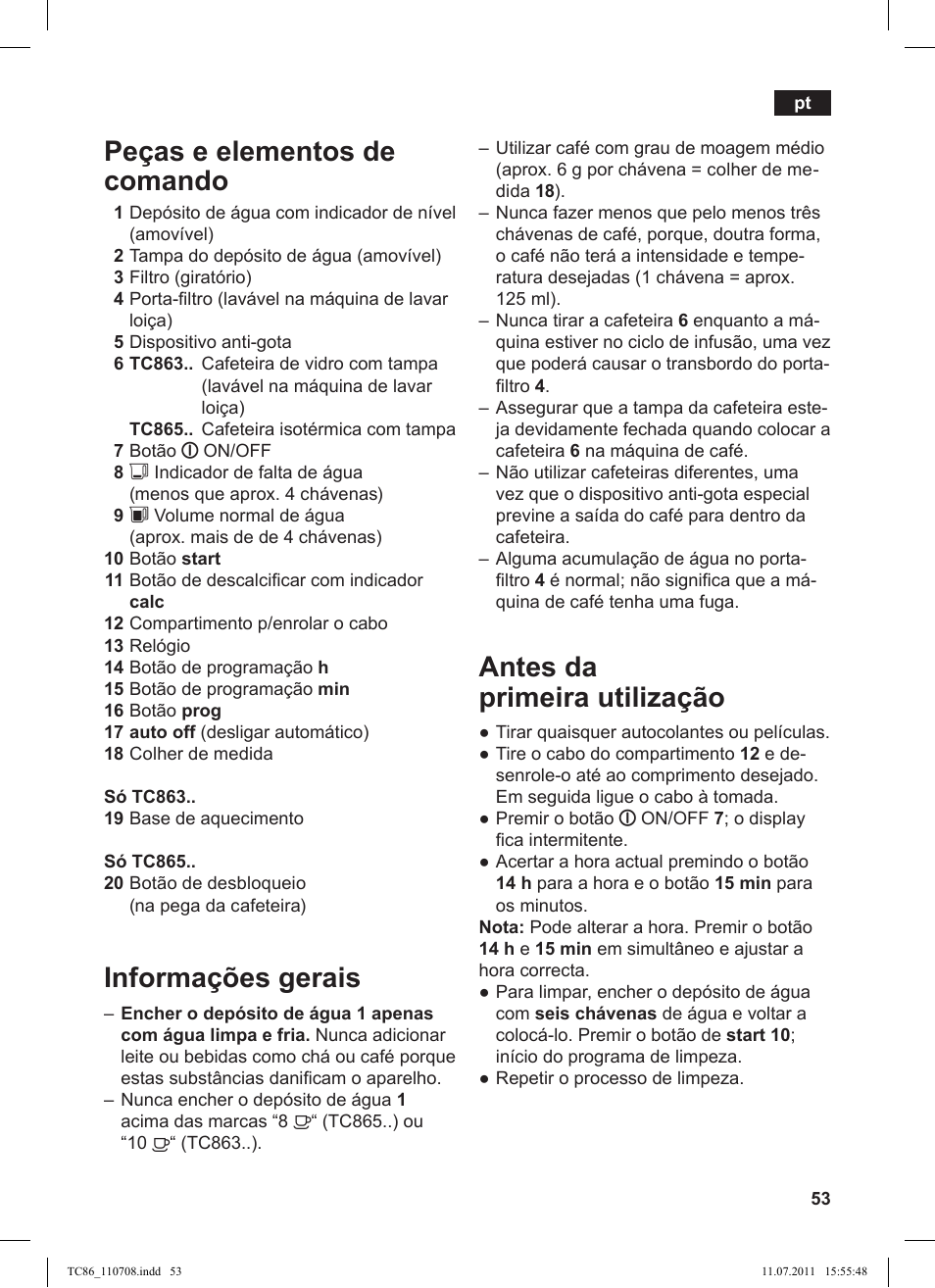 Antes da primeira utilização, Peças e elementos de comando, Informações gerais | Siemens TC 86398 User Manual | Page 57 / 108
