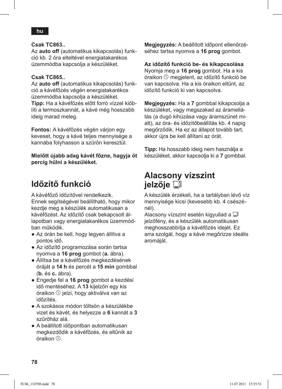 Alacsony vízszint jelz je j, Id zít funkció | Siemens TC 86398 User Manual | Page 82 / 108