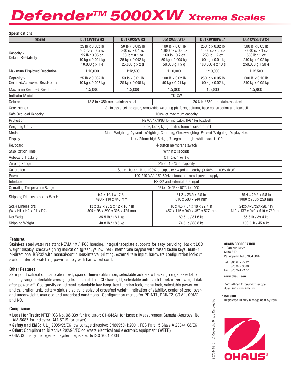 Defender, 5000xw, Xtreme scales | Ohaus DEFENDER 5000XW Xtreme Square Washdown Scales User Manual | Page 4 / 4