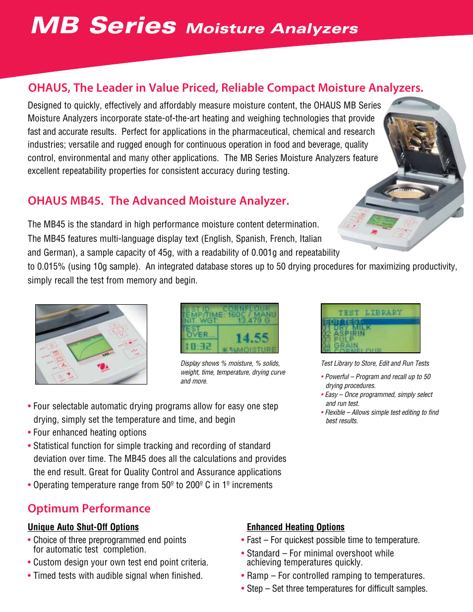 Mb series, Moisture analyzers | Ohaus MB23 MOISTURE ANALYZER Data Sheet User Manual | Page 2 / 4