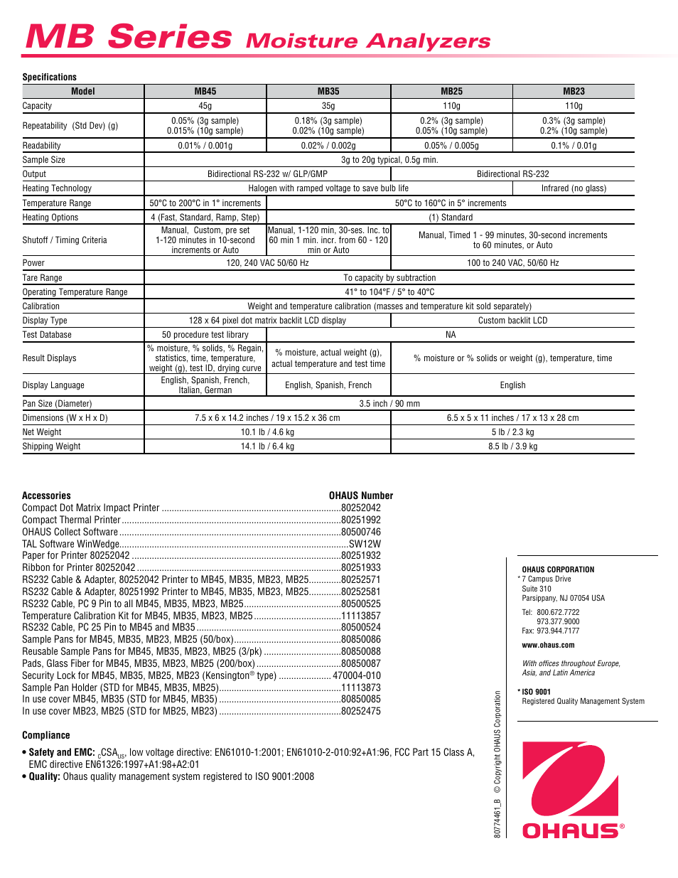 Mb series, Moisture analyzers | Ohaus MB23 MOISTURE ANALYZER Data Sheet User Manual | Page 4 / 4