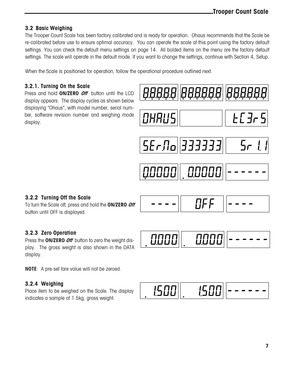 Trooper count scale, 2 basic weighing, Turning on the scale | 2 turning off the scale, 3 zero operation, 4 weighing | Ohaus TROOPER COMPACT COUNTING SCALES Manual multi User Manual | Page 11 / 104